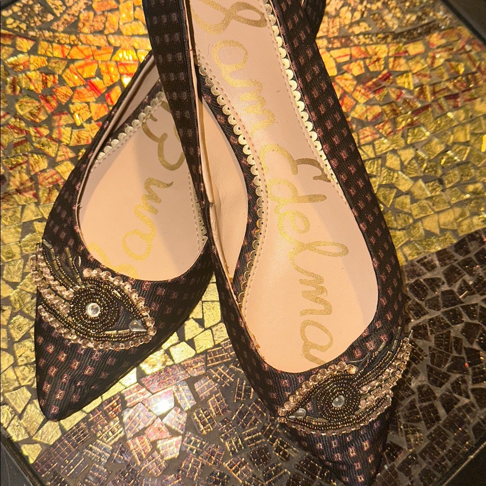Sam Edelman Rafaella Beaded Leather Black and Gold Embellished Flats - Picture 2 of 12